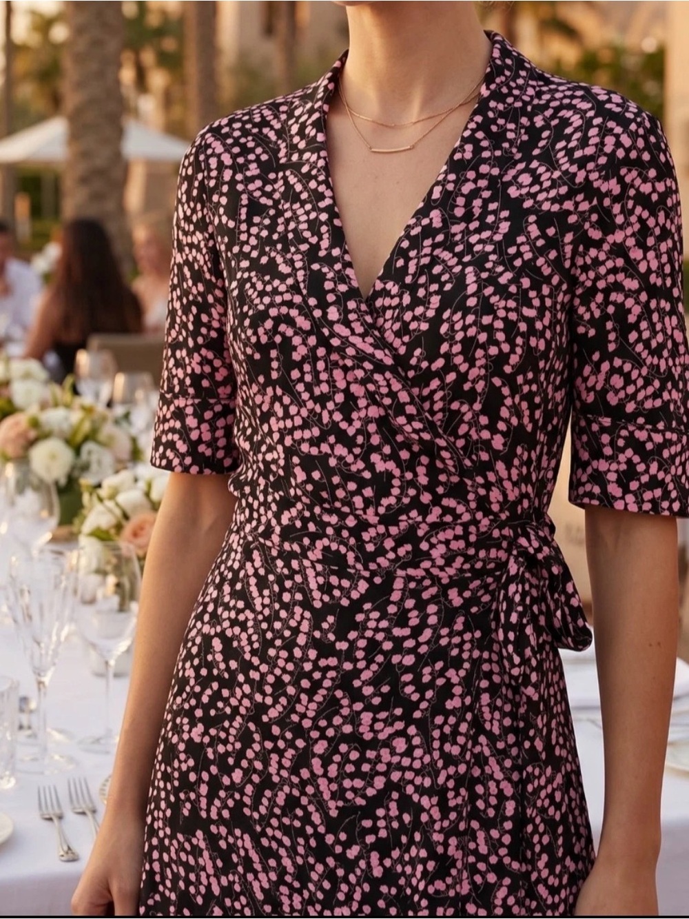 GANNI Dress Ditsy Floral Black Pink Crepe Wrap Side Tie V Neck Sz EU 40 US 8/10 - Picture 3 of 7